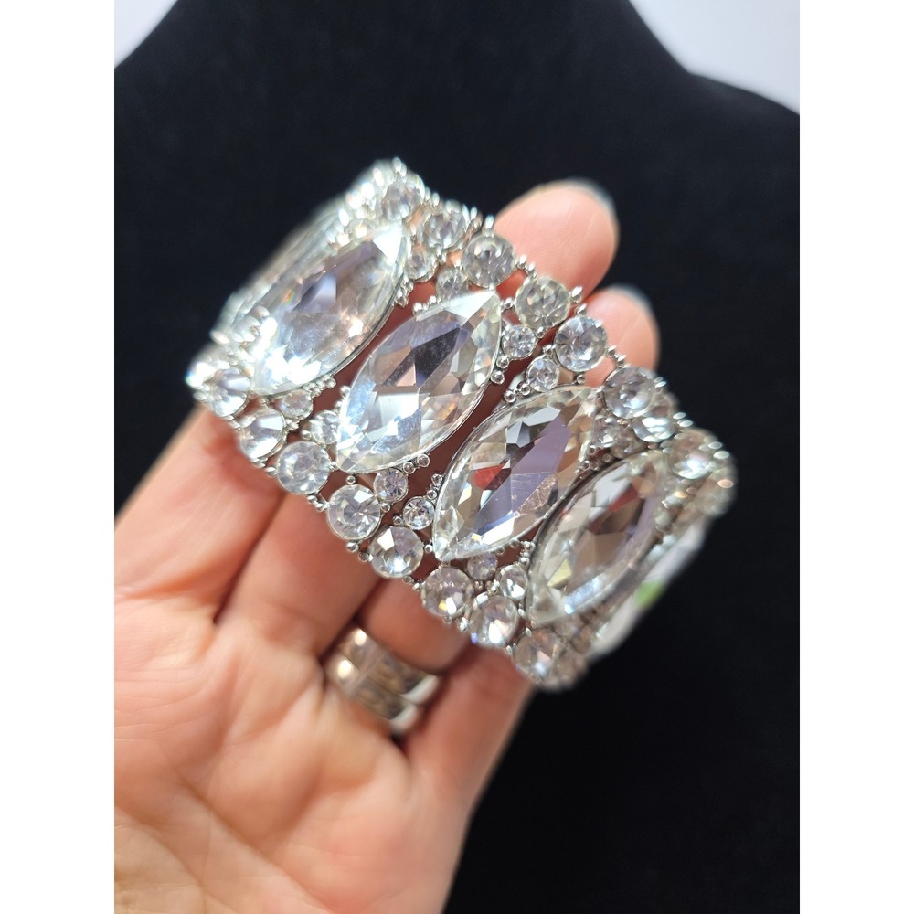 Silver Tone Clear Marquise Crystal Wide Stretch Statement Cuff Bracelet Prom Fun